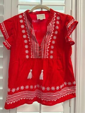 Sail to Sable Bright Red Embroidered V-Neck Tunic